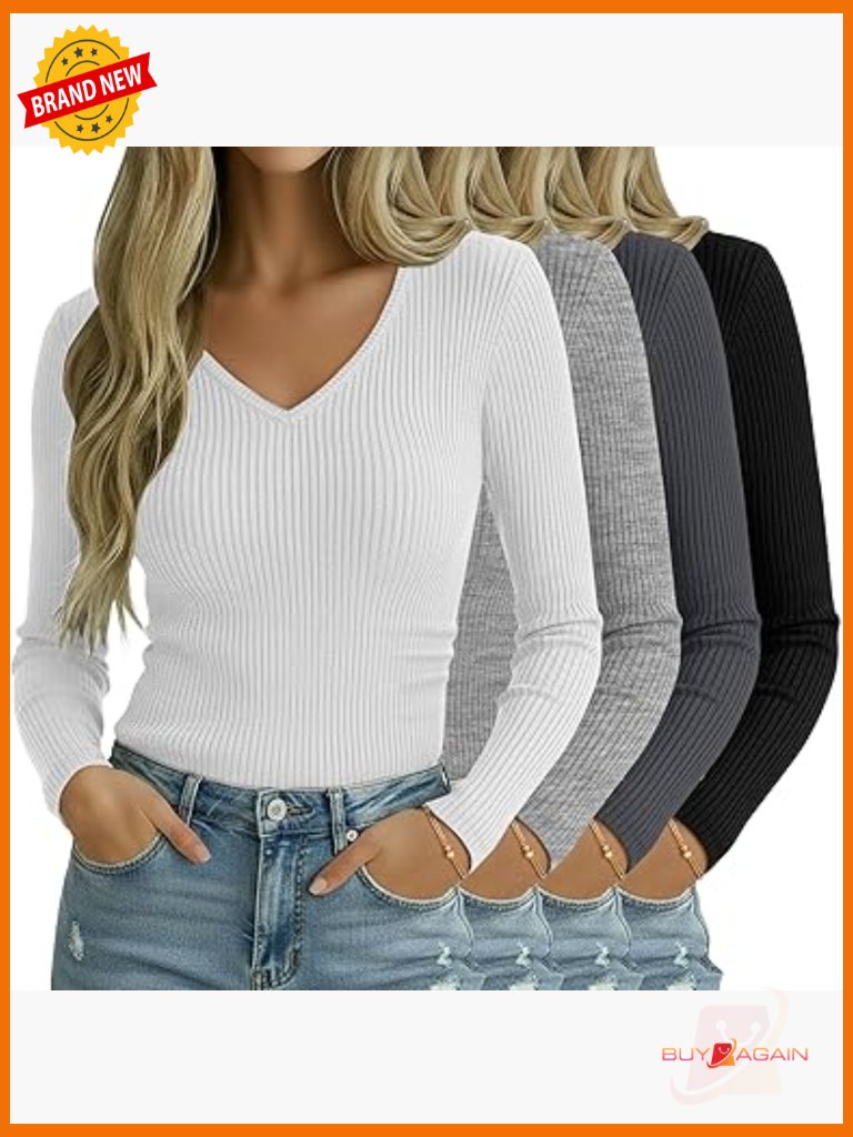 4 Pack Long Sleeve V Neck Cotton Ribbed Knit Tops Fitted Lightweight